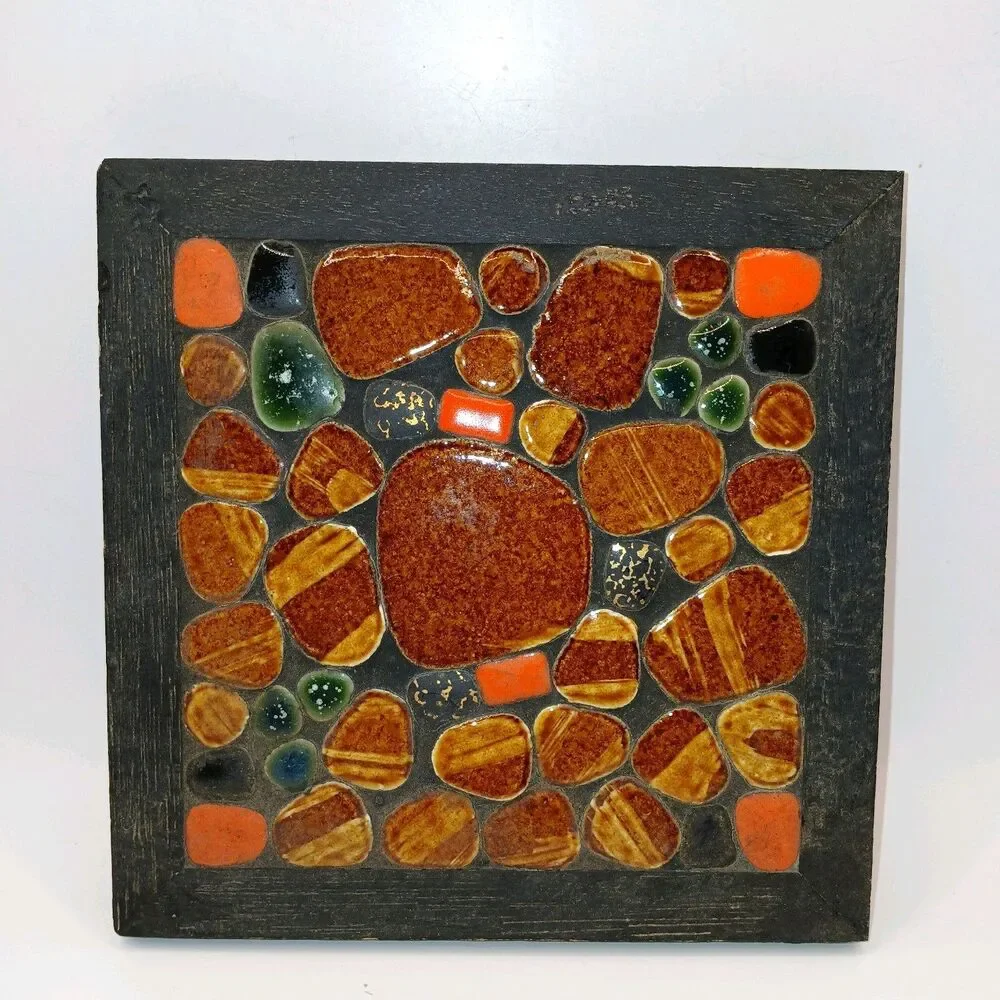 Brown Orange Black Brown Mosaic Stone Tile MCM Trivet Hot Plate Made in Japan